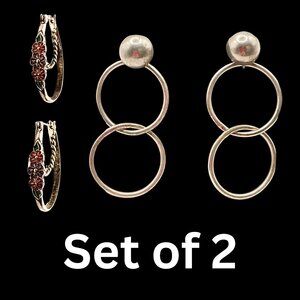 Women's Silver Tone Earrings Hoop Double Circle Dangle Floral Elegant Drop